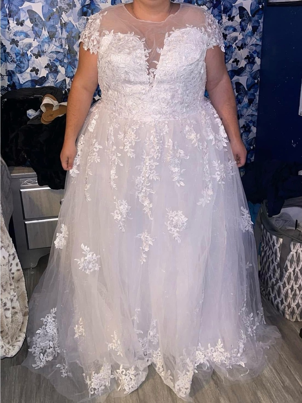 Ivory Lace Appliqué Bridal Gown with Illusion Neckline